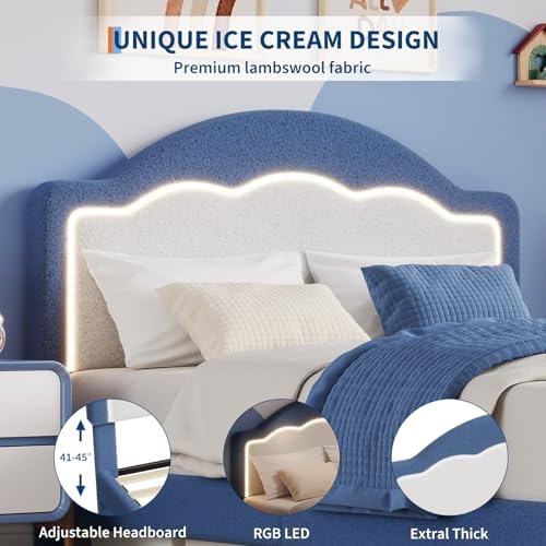 IDEALHOUSE Full Bed Frame with LED Headboard, Boucle Fabric Upholstered Platform Bed with LED Light for Kids, Girls, Wooden Slats Support, No Box Spring Needed, Blue