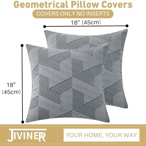 JIVINER Decorative Geometrical Throw Pillow Covers 18 x 18 Inch, Set of 2 Soft Modern Pattern Pillow Covers for Sofa, Couch, Living Room, Light Grey