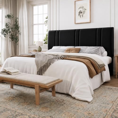 SHA CERLIN King Size Velvet Bed Frame with Adjustable Headboard, Black