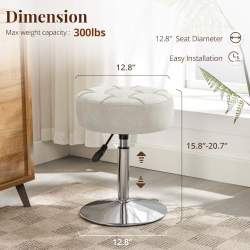 LUE BONA Adjustable Vanity Stool, 360°Swivel Vanity Chair Stool for Makeup Room, Light Greige Stool Chair for Vanity, Small Velvet Vanity Stool for Bathroom, Living Room