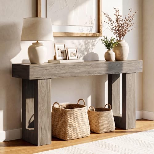 LITTLE TREE 63 Inches Long Sofa Table, Modern Console Table for Entryway, Wooden Sofa Table for Living Room, Behind Couch Table, Rectangle Hallway Foyer Table for Entrance, Grey