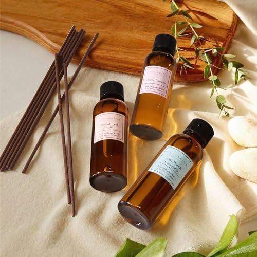 COCORRÍNA Reed Diffuser Refill Set, 10.2oz Scented Oil Refill 3 Pack, Sandalwood Rose, Cherry Blossom, Wild Mint & Eucalyptus, Long Lasting Oil Diffuser Refill with18 Sticks for Bathroom & Bedroom