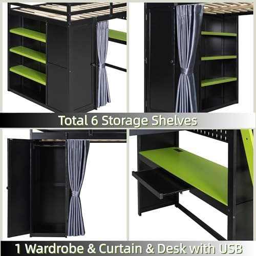Merax Full Size Loft Bed with Desk and 6 Storage Shelves, Wardrobe, Blackout Curtain, Sturdy Wood Gaming Loft Bunk Bed Frame with USB Port & RGB Lights, No Box Spring Need, Space-Saving, Black+Green