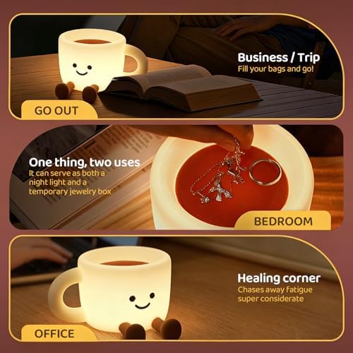 Coffee Cup Night Light, 3 Level Dimmable 30 Timer 7 Colors Nightlight Cute Lamps Silicone Squishy Light USB Rechargeable Bedside Touch Lamp for Baby Desk Dorm Decor Birthday Gift