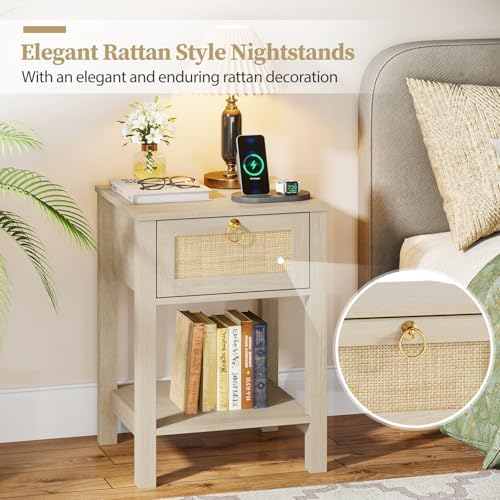 Eclatara Rattan Nightstand Set of 2: Sturdy Night Stand with Rattan Decor Drawer, Farmhouse Nightstand Bedside Table Boho End Tables Side Tables for Bedroom (Natural Light Oak,2 Pieces)