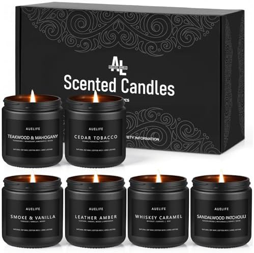 6 Pack Scented Candles for Home, 3.5oz Natural Soy Wax Candles Gift Set,Each 25H Burn, Aromatherapy Candles for Men (Mahogany/Vanilla/Sandalwood/Leather/Cedar/Whiskey)