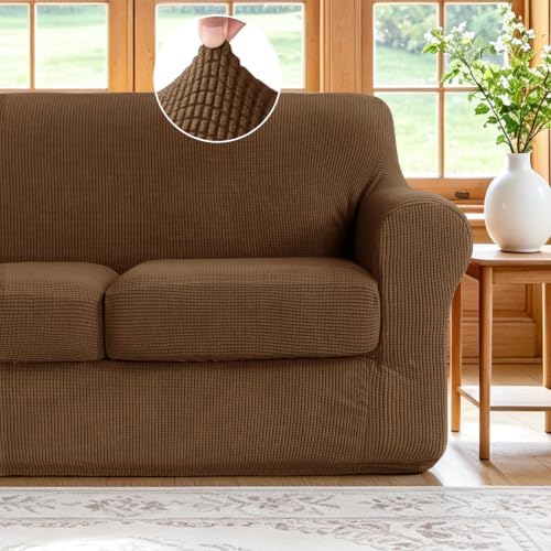 3 Pieces Stretch Sofa Covers for 2 Cushion Couch Loveseat Cover Decorative Slipcovers Non Slip Washable Furniture Protector with Individual Seat Cushion for Pets,(Medium, Coffee)