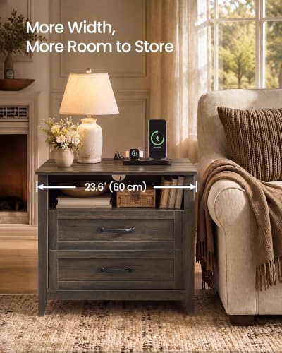 VASAGLE 23.6 inch Farmhouse Nightstands Set 2, Charging Station, 2 Drawers