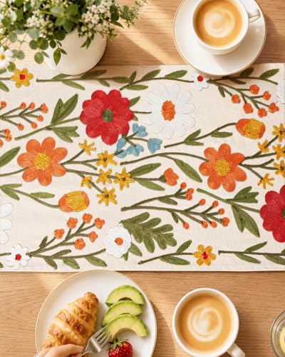 Miss Adola Embroidered Canvas Table Runner 13"x108", Wild Flower