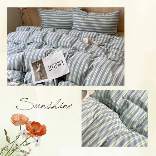 AOJIM Striped Duvet Cover Queen 100% Washed Cotton 3-Piece Vintage Bedding