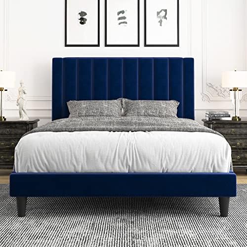 Allewie Full Platform Bed Frame/Velvet Upholstered Bed Frame with Vertical Channel Tufted Headboard/Strong Wooden Slats/Mattress Foundation/Box Spring Optional/Easy Assembly/Navy Blue