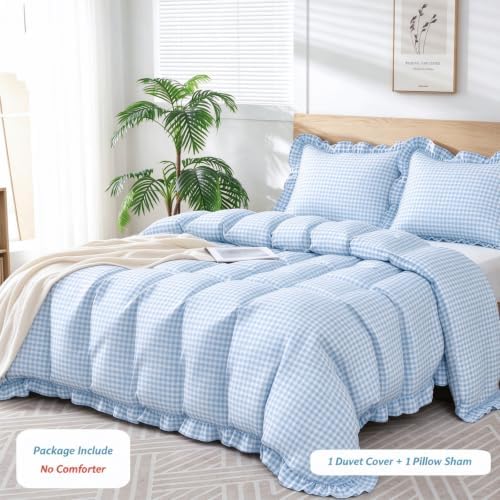Gingham Duvet Cover Twin Size, 2 Pieces Soft Breathable Microfiber Plaid Duvet Cover with Zipper Closure & 1 Pillow Shams, Ruffle Farmhouse Vintage Decor, Light Blue