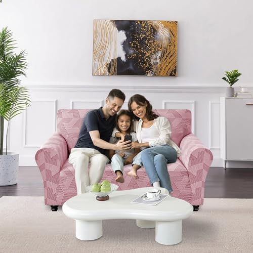 JIVINER 1 Piece Couch Cover for 2 Cushion Couch, High Stretch Loveseat Covers with Elastic Bottom, Washable Sofa Slipcovers for Dog, Pets Feature Geometrical Jacquard Fabric (Loveseat, Pink)