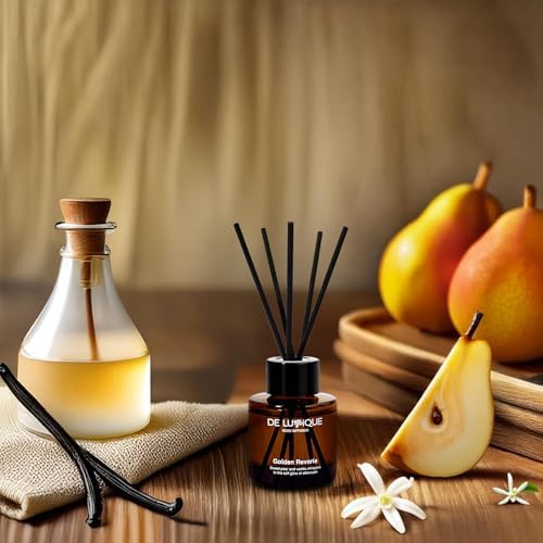 Golden Reverie Scent Aroma Diffuser – Room Scent Diffuser with Essential Oils – Long Lasting Reed Diffuser for Home, Bedroom, or Bathroom – Vanilla & Pear 50ml