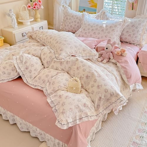 HighBuy Ruffle Floral Duvet Cover King,Durable Cotton Vintage Floral Comforter Cover,Breathable Cottagecore Blush Bedding Set for Women Girls,1 King Duvet Cover and 2 Ruffle Pillowcases