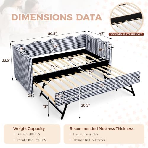 Twin Size Daybed with Pop Up Trundle, Linen Gingham Twin to King Daybed with USB Ports, Upholstered Day Bed Frame, Modern Sofa Bed for Bedroom/Living Room/Guest Room, No Box Spring Needed, Navy