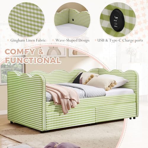 Twin Size Daybed with Storage Drawers, Linen Gingham Daybed with USB Ports & Wave Shaped, Upholstered Day Bed Frame, Modern Sofa Bed for Living Room/Bedroom/Guest Room, No Box Spring Needed, Green