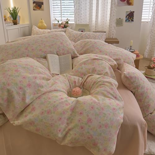 Floral Duvet Cover Set Queen Size Cotton Double Gauze Comforter Cover Queen Size Vintage Cottage Core Flower Soft Duvet Cover Set with Zipper Pattern Girly Bedding Set Boho Duvet Protector