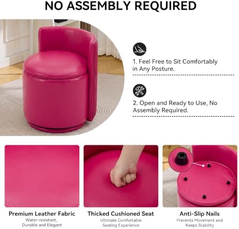 Faux Leather Vanity Chair with Storage,360° Swivel Makeup Chair,Fuchsi Pink