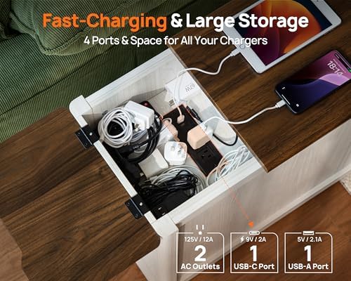 Rolling End Table with Wheels&Charging Station,Side Table with Drawer,White