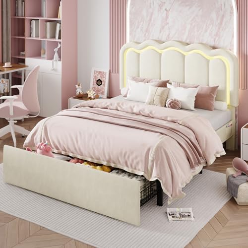 SHA CERLIN Queen Size Bed Frame with LED Lights and Storage Drawer, Cream