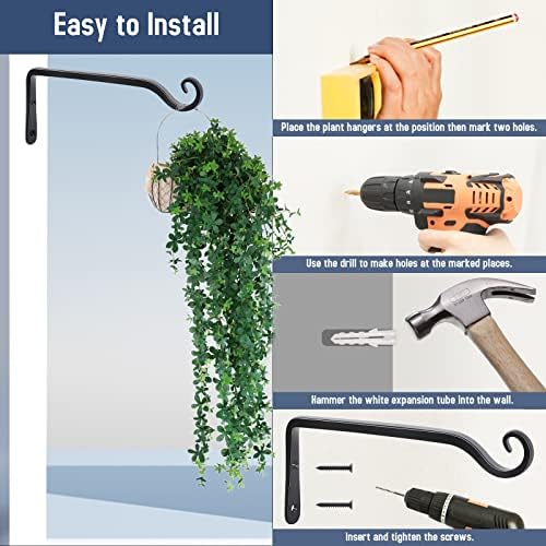 FEED GARDEN Wall Hooks for Hanging Plants 10 Inch - 2 Pack Heavy Duty Metal Plant Brackets, Holds 48 lbs, Rust Resistant Black L-Shape Hooks for Bird Feeders Baskets Lantern Wind Chimes Outdoor Indoor