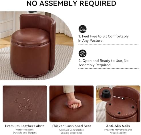 WUTUTUEE Faux Leather Vanity Chair with Storage, 360° Swivel Makeup Chair with Pleated Back, No Assembly Small PU Accent Stool for Bedroom, Dressing Room, Living Room, Brown