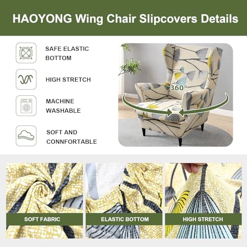 HAOYONG Printed Wingback Chair Covers 2 Pieces Wing Chair Slipcover High Stretch Chair Slip Covers Washable Furniture Protector for Living Room Bedroom Wingback Chair