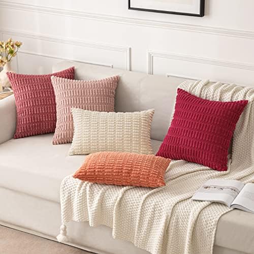 MIULEE Corduroy Decorative Throw Pillow Covers 18x18 Coral Pack of 2