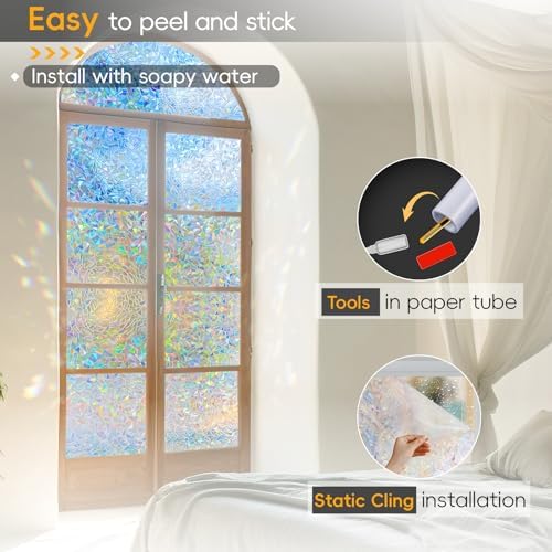 Rainbow Window Privacy Film Decorative, Stained Glass Window Tint for Home, 3D Decals Window Clings for Glass Windows, Static Cling Window Sticker, Suncatcher Window Cover, 35.4 Inch x 157.4 Inch