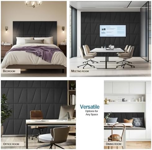 Fabric Upholstered Wall Mounted Headboard for Queen Bed Panels: Stick-On Headboard in Matte Black - Soundproof Padding for Bedroom & Living Room (6 Panels)