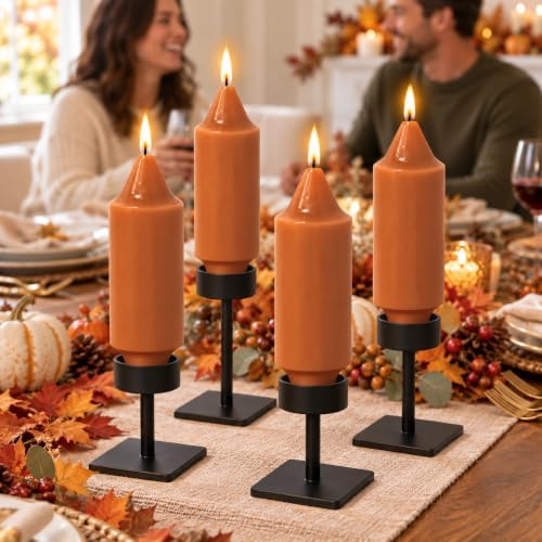 NJAO HOO Burnt Orange Candlesticks Pumpkin Short Taper Candle 5 Inch Unscented Dripless Fall Tapered Candle Set for Halloween Home Dinner Fall Decor Party, 4 Pack