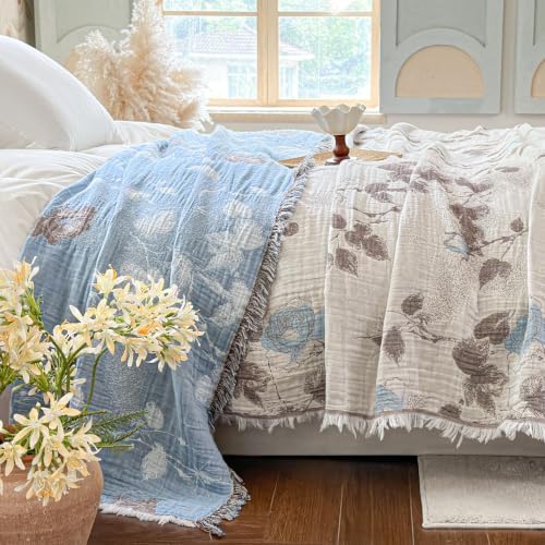 Simple&Opulence Cotton Muslin Throw Blanket 50"x60", Reversible Yarn-Dyed Vintage Blue Floral Jacquard, 3-Layer Gauze with Tassels, Lightweight Breathable All-Season Decorative Blanket for Bed Couch