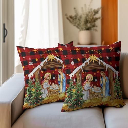 Jesus Nativity Throw Pillow Cover 22x22 Inch Set of 2 Xmas Red Buffalo Plaid Pillow Case Christma O Holy Night Winter Holiday Cushion Case for Home Living Room Couch Sofa Decor