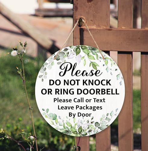 Please Do Not Knock Or Ring Doorbell Hanging Sign, Greenery Wooden Round Door Hanger For House Gate Fence Yard Front Door, Not Disturb No Soliciting Sign For Outdoor Porch -06
