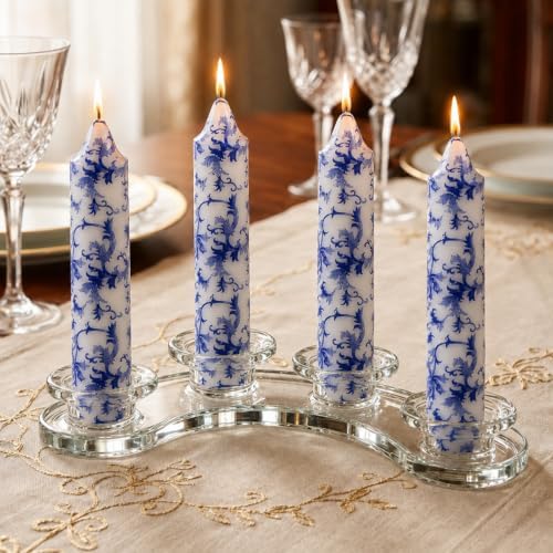 NJAO HOO Floral Taper Candles 7 Inch Short Candlesticks Hand Printed Blue and White Candlesticks Unscented Tapered Candle Set for Spring Home Garden Decor, 4Pcs