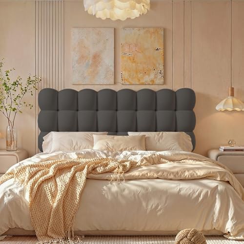 Pinmoco Queen Upholstered Headboard with Adjustable Height, Ergonomic Design, Memory Foam Cloud-Shaped, Teddy Fleece, Grey