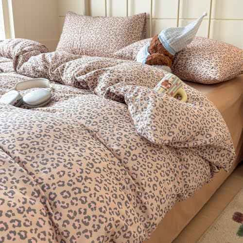 mixinni Light Brown Leopard Print Duvet Cover Set Twin Size, 3PCs Cute Animal Cheetah Bedding, 100% Cotton Double Gauze Soft Aesthetic Retro Pink Black Bedding Set with 2 Pillowcases for Girls Women