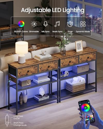 SONGMICS Console Table with Power Outlets and LED Lights, 2 Fabric Drawers