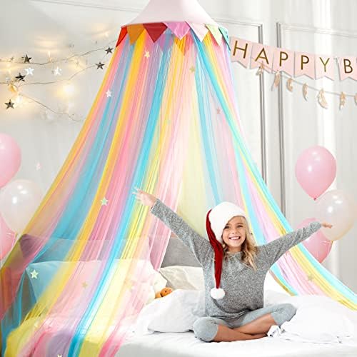 LOAOL Bed Canopy for Kids, Girls Room Decor, Rainbow Gradient Mesh Net