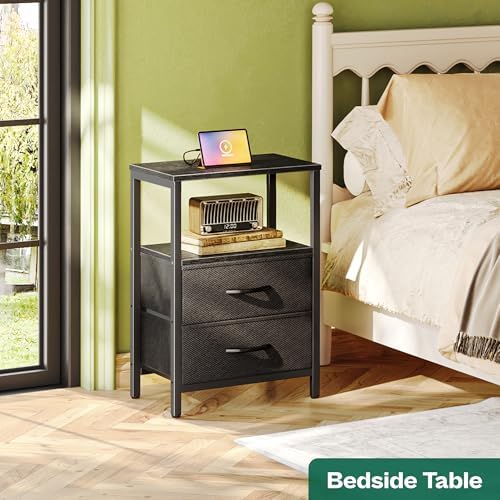 Huuger Nightstand with Charging Station, Side Table with Fabric Drawers