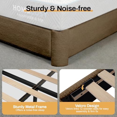 WEUP Queen Size Boucle Bed Frame, Upholstered Cloud Bed Frame with Adjustable Headboard, Soft Rounded Corners, No Box Spring Required, Easy Assembly, Coffee