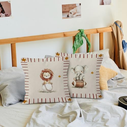 Sports Animal Nursery Throw Pillow Cover 18x18, Lion Elephant Decorative Pillow Covers for Kids Toddler Boy Nursery Room Bedroom Playroom, Kids Playroom Accent Pillows Cover Pillowcases, Set of 2