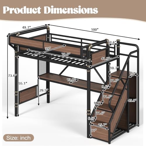 Bellemave Twin XL Metal Loft Bed with Stairs and Desk for Kids,Adult,Black