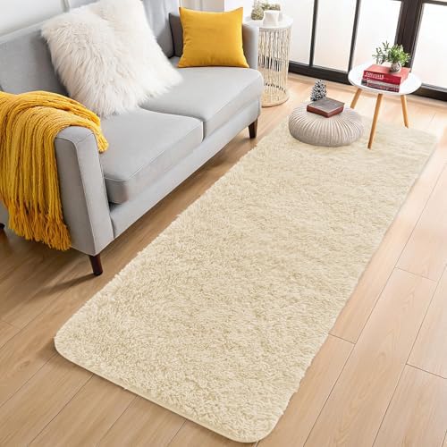 OLANLY 2x8 Machine Washable Runner Rugs for Hallway, Soft Fluffy Shaggy Bedside Rugs for Bedroom, Living Room, Indoor Floor Carpet for Kids Girls and Boys, Nursery Rooms, Home Decor Aesthetic, Cream
