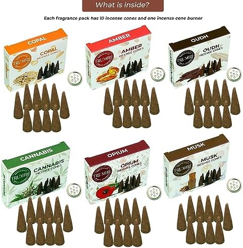 TRUMIRI Exotic Incense Cones - Variety Pack - Total 60 Cone Incense (6 Scents x 10 Conos) - Copal, Oud, Musk, Amber - Cone Incense Scents - Insense Cones - Incent Cone