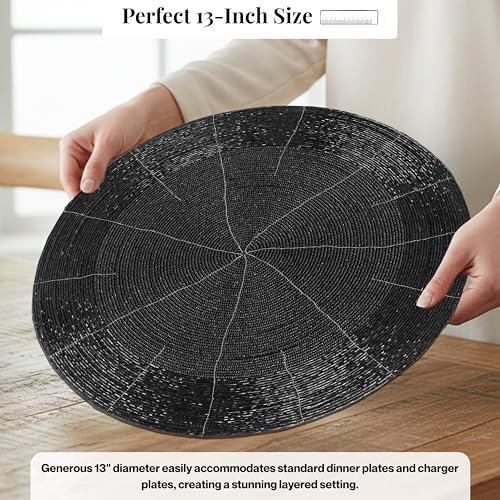 Round Beaded Placemats Set of 4 13 Inch Jet Black Handmade Glass Chargers
