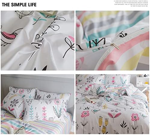 HighBuy Floral Printed Bedding Set Queen Duvet Cover Girls Cotton Comforter Cover Garden Aesthetic Reversible Striped Bedding Sets 3 Piece Queen Bed Boho Comforter Cover Duvet Cover Set