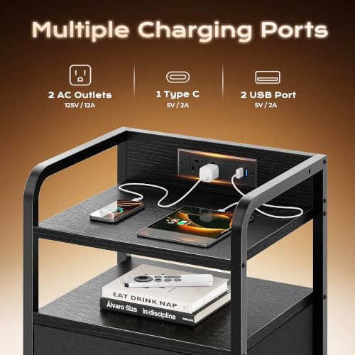 Huuger Nightstands Set of 2, Night Stand with LED Lights, Charging Station