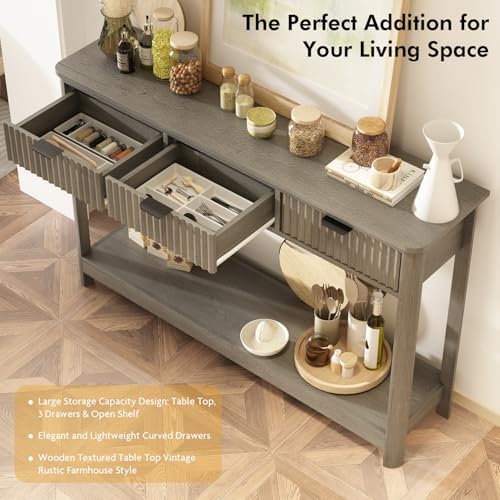 RUSTOWN Fluted Wood Console Table with 3 Drawers, 47.2" Boho Entryway Table